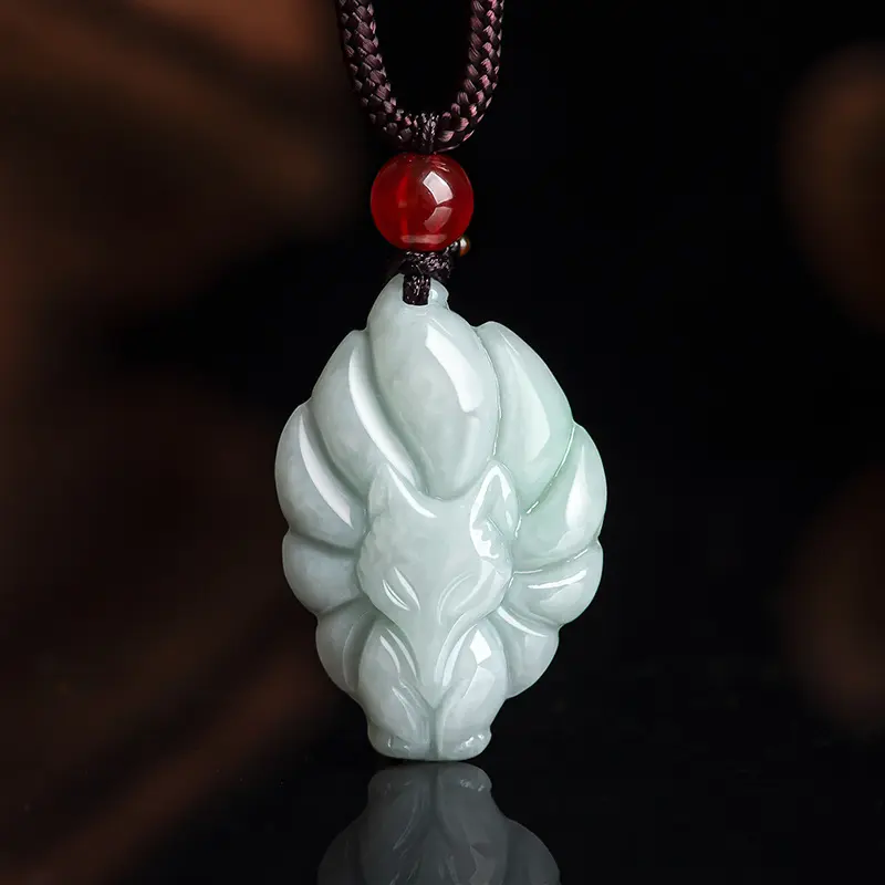 Natural A jadeite light green nine-tailed fox pendant, fox fairy necklace, glutinous seed jade pendant, flower piece, women's wholesale.