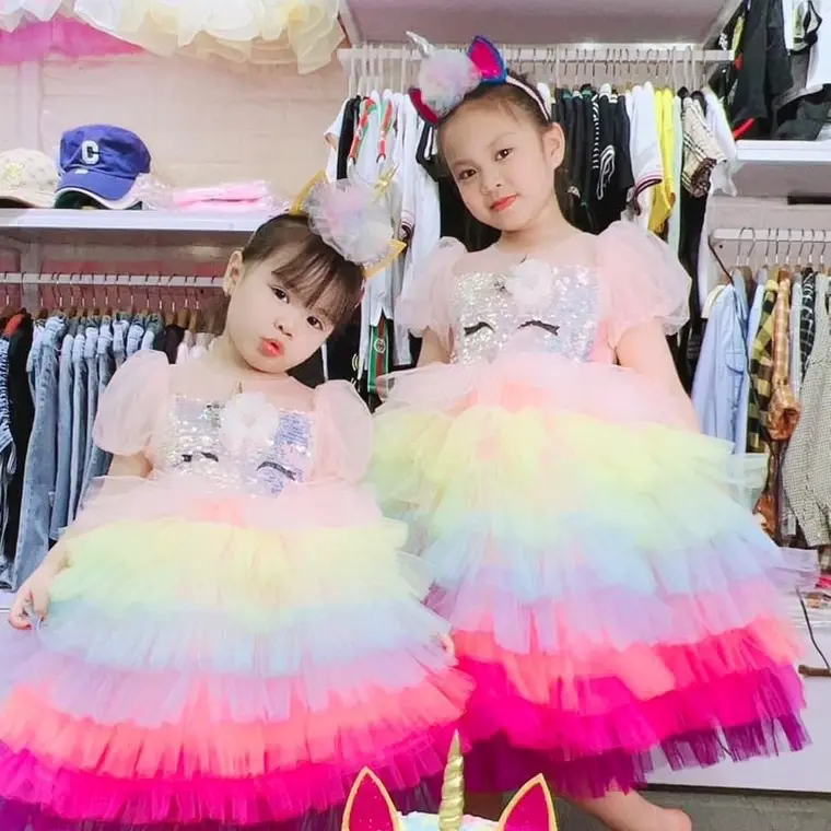 Đầm cầu vồng ngựa Pony tặng kèm bờm tóc xinh cho bé gái