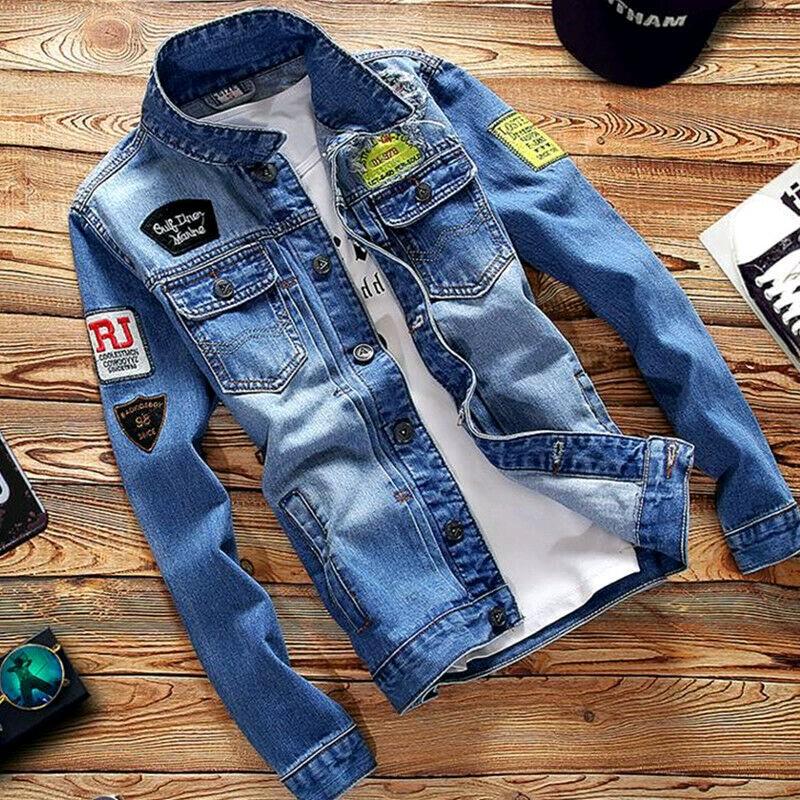 Jaket Jeans Pria Model Tempel Full Bordiran Bahan Denim Leher Kerah Tinggi 0