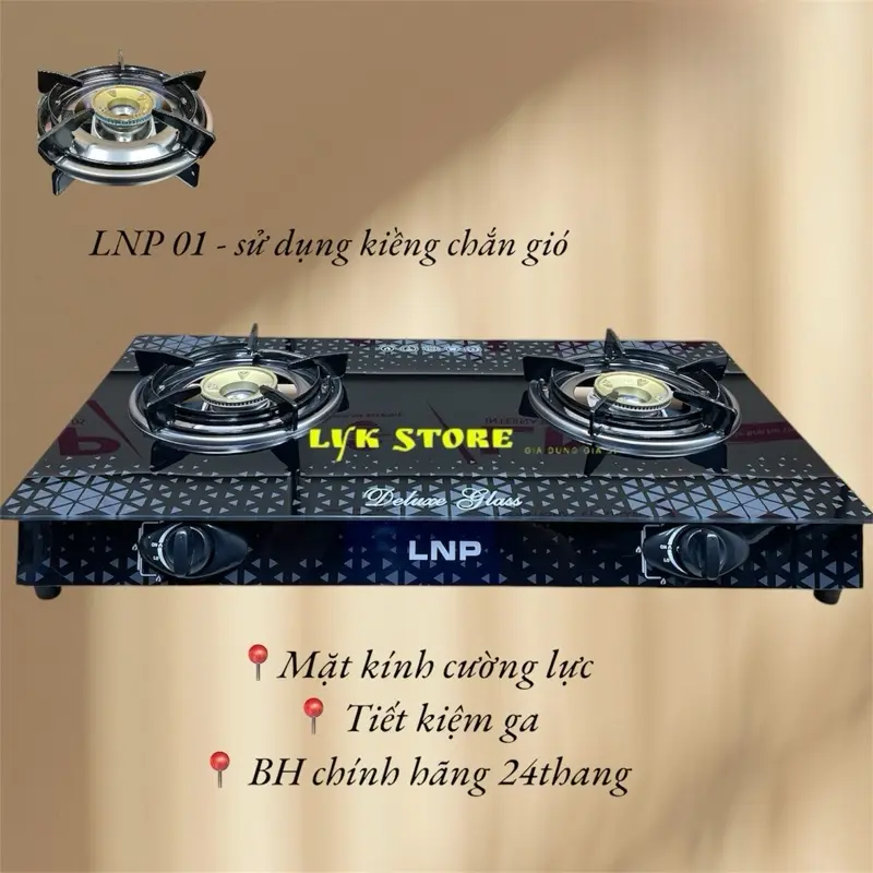 Bếp Gas Đôi chén nhôm mặt kính LNP 01 CARO - KIỀNG CHẮN GIÓ
