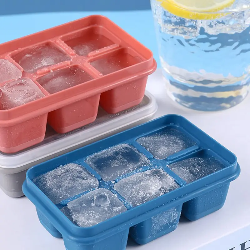 Acuan kiub ais silikon dengan penutup DIY, 6 grid, bahagian bawah lembut, alat persegi