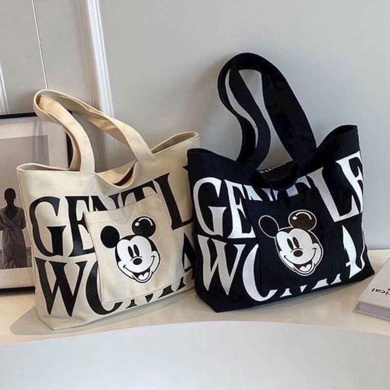 Túi tote đeo vai vải canvas in hình chuột Mickey size 38cm có khoá kéo tiện lợi Bag Nữ Chữ Nhật