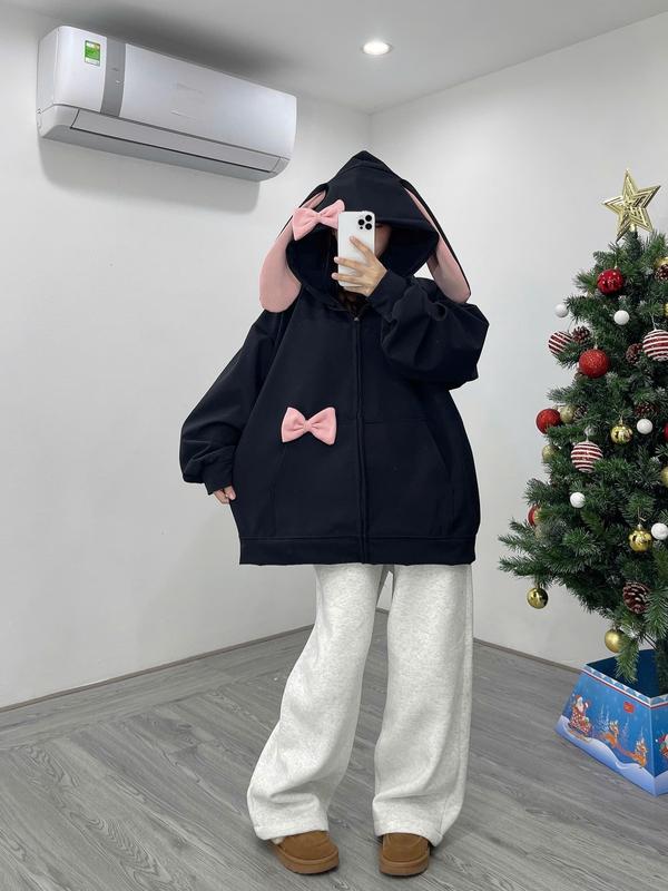 ÁO KHOÁC TAI THỎ HỒNG SIU CUTE Hoodie Top 2 LỚP MŨ TO + TẶNG KÈM 2 NƠ CÀI - Nỉ lót lông a o áo hoodie girl phố áo hoodie  girl phố áo  hoodie dày áo  hoodie Women Kem