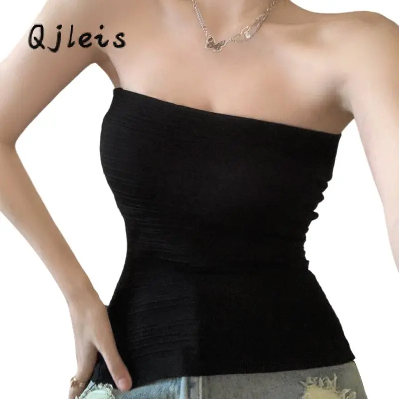 Women Fashion Tube Tops Solid Color Boat Neck Strapless Tank Tops Summer Backless Bandeau Shirts