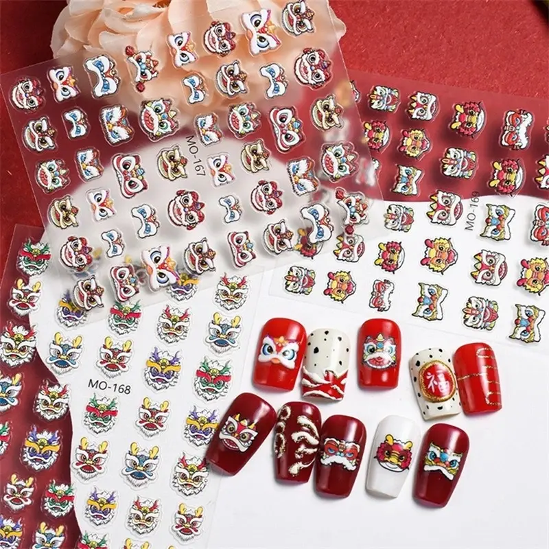 2025 New Year Nail Stickers Chinese Lion Dance Cute Nail Patch New Year Nail Decorations