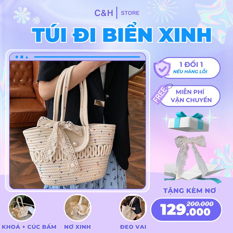Túi xách nữ đeo vai tote đi biển vải sợi đan có khoá và cúc bấm kèm nơ