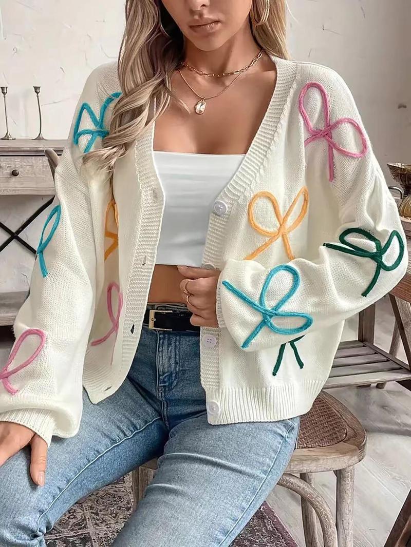 Product Introduction of Women's Colorblock Bow Pattern V Neck Sweater Cardigan, Casual Long Sleeve Cardigan for Spring, Fashion Women's Knitwear for Daily Wear Valentine's Day, gift 6