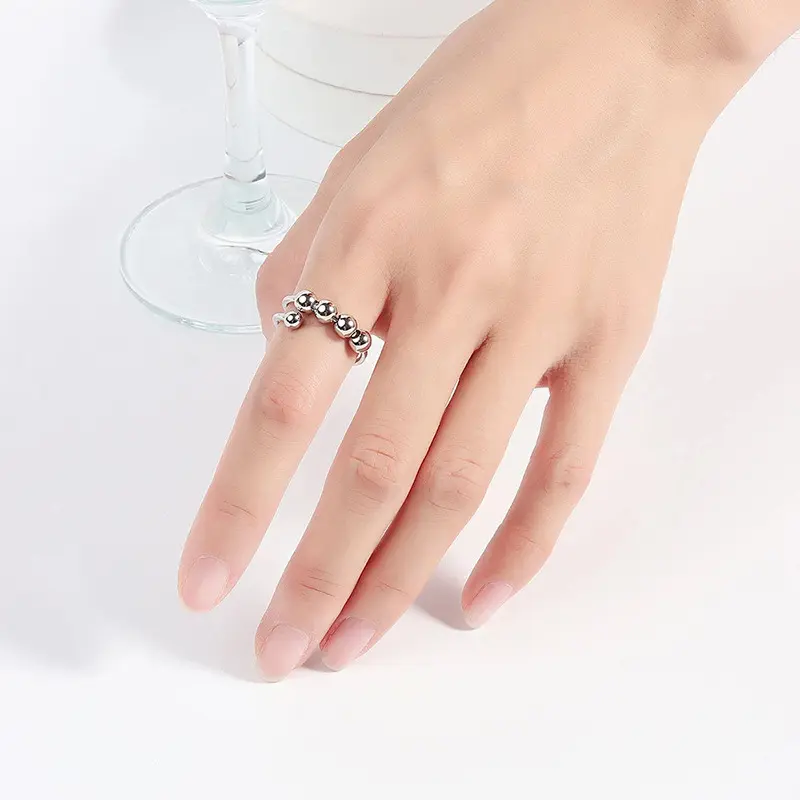 Star Harmony New Stainless Steel Double-Layer Rotatable Round Bead Ring for Women Adjustable Anxiety Relief Ring
