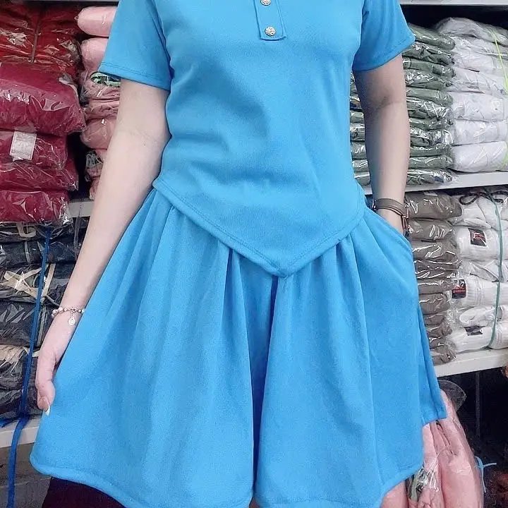 Đồ bộ nữ mặc nhà quần có túi -Nút Xanh