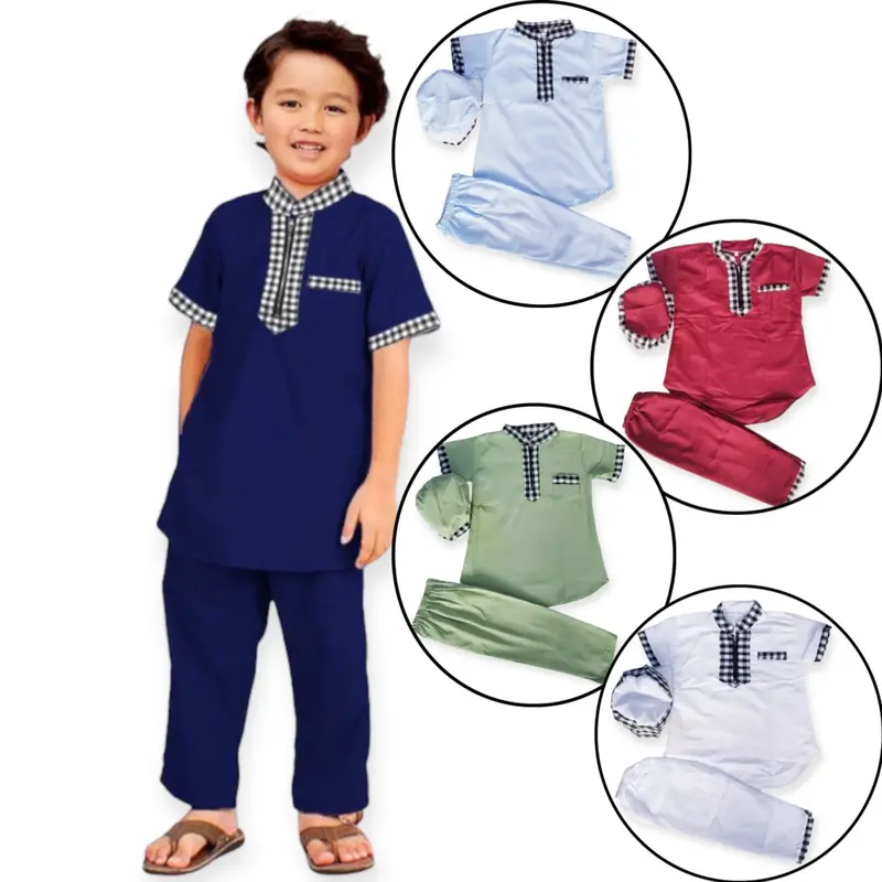 Setelan Baju Koko Anak 1-10 Tahun New Pakaian Muslim Cowok Motif List Kotak Turki Plus Peci Nyaman 0