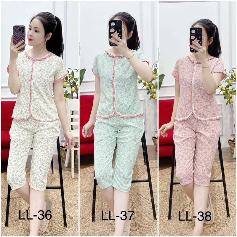 Bộ mặc nhà chất lụa mềm không nhăn hoạ tiết hoa nhí phối bèo hồng