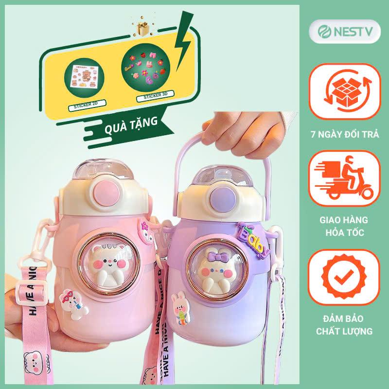 Bình nước giữ nhiệt 700ml INOX 316, bình giữ nhiệt cho bé có ống hút, dây đeo tặng kèm sticker 2D, 3D