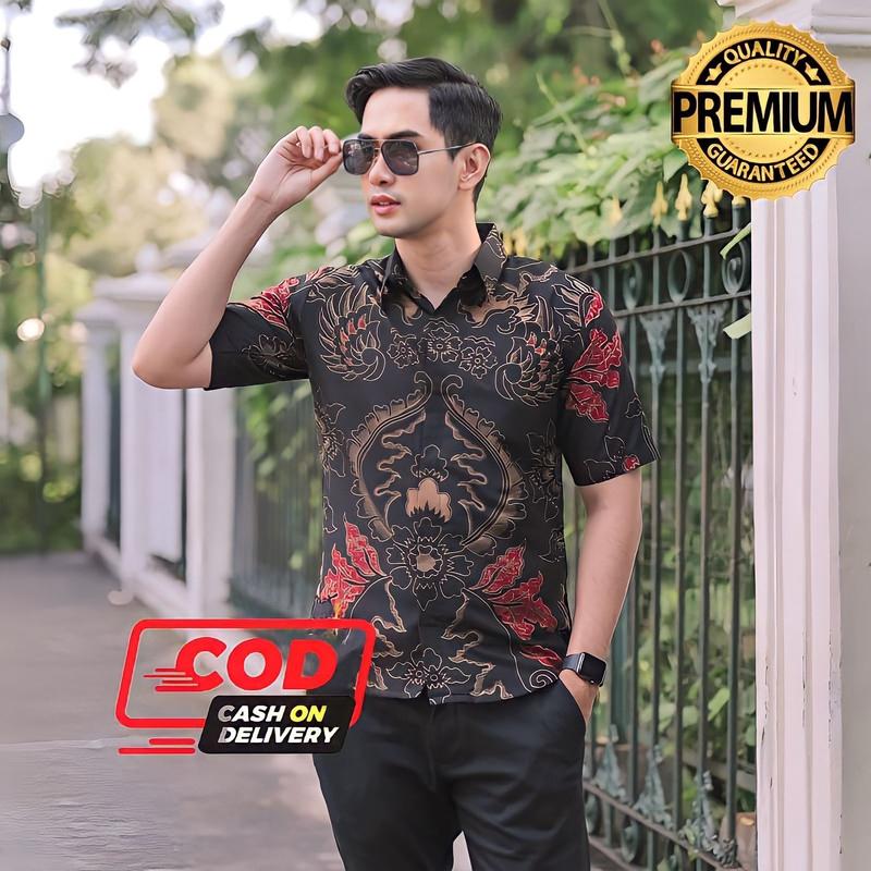 Batik solo modern hem lengan pendek lapis furing kekinian Baju Pria Kain Katun Slim Fit Motif Sultan original red 0