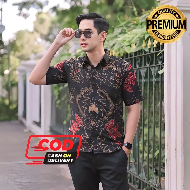 Batik solo modern hem lengan pendek lapis furing kekinian Baju Pria Kain Katun Slim Fit Motif Sultan original red 0