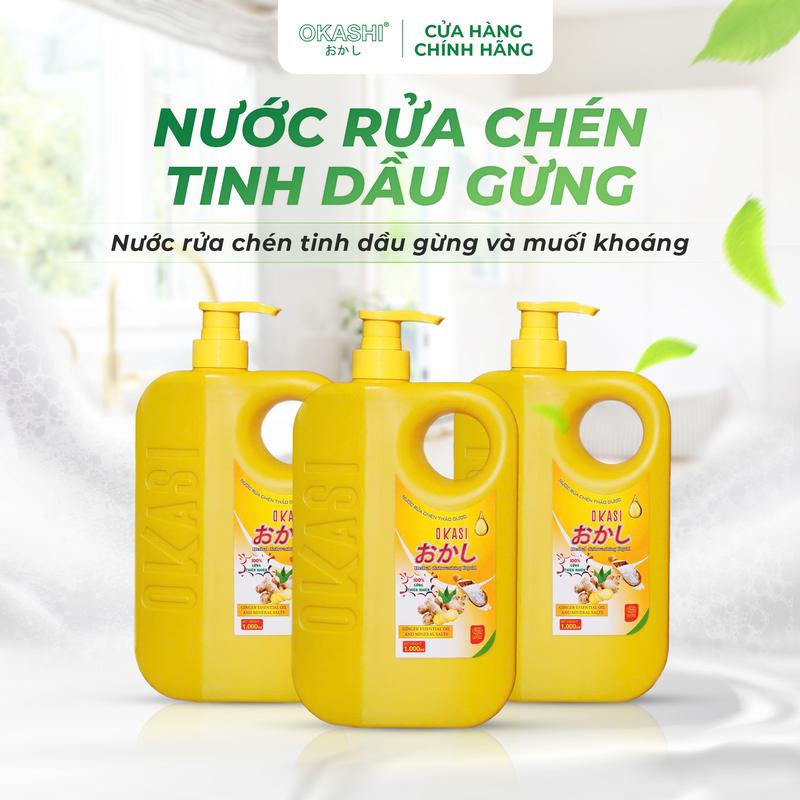 COMBO 3 Nước Rửa Chén OKASHI Thảo Dược Tinh Dầu Gừng, Quế Thiên Nhiên Làm Sạch dầu mỡ bám trên mọi bề mặt. An toàn cho da nhạy cảm - Chai 1L