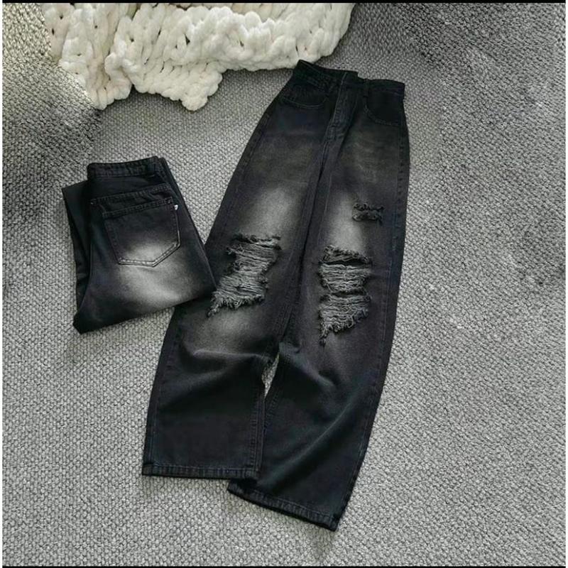 Baggy loang xanh xuông  đậm rách đùi, quần baggy nữ đủ 3 size s,m,l Jean Pants Denim Có Túi Lưng Cao Ong Giraffe Pocket