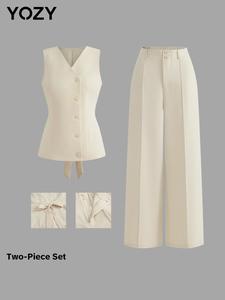 YOZY Women's Solid Button Front Tie Back Blazer Vest & Zipper Fly Pants Set, Elegant Fashion Casual Two Piece Outfits for Daily Outdoor Wear, Women Clothing for Spring & Fall, Travel