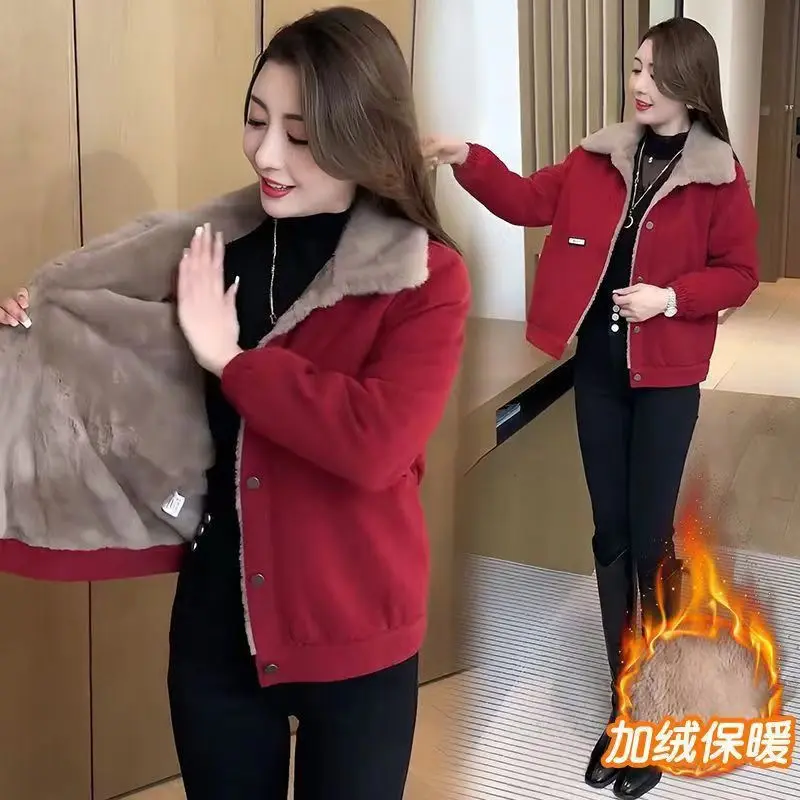 Áo Khoác Vải Nhung Kẻ, Dành Cho Phụ Nữ, Mùa Đông, Lót Lông Cừu, Dày Dặn, Dễ Phối Đồ, Thời Trang Trẻ Hơn, Dáng Rộng Vừa Vặn, Ngoại Cỡ, Bó Sát Và Ấm Áp, Áo Len