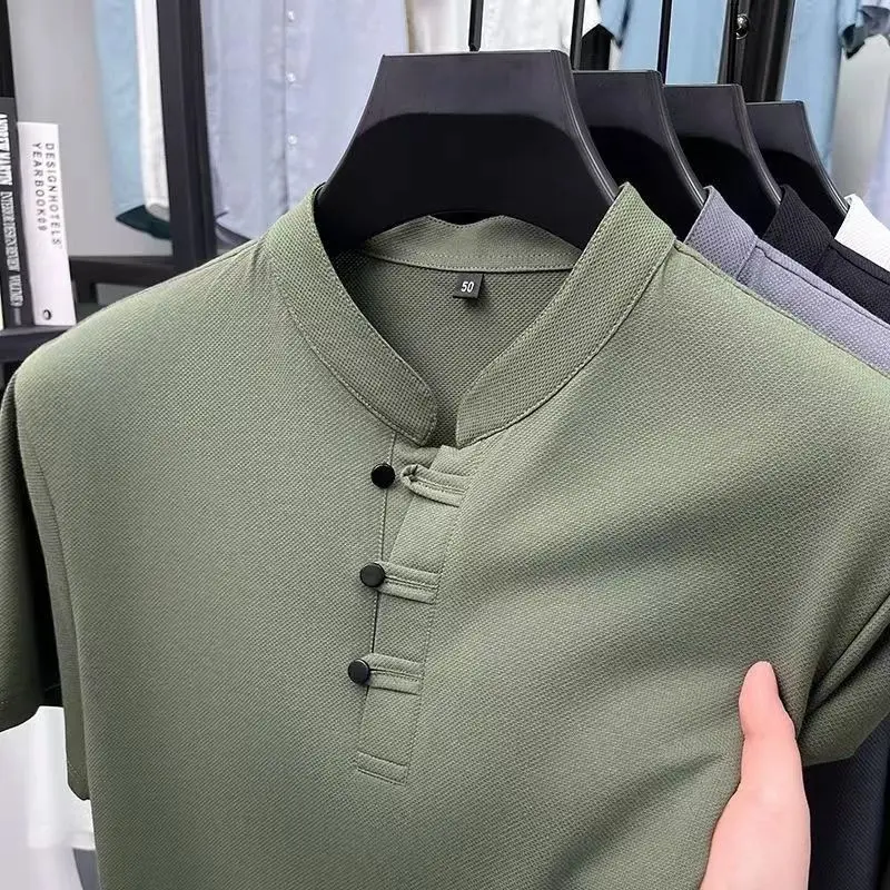 Men's T-shirt, Chinese style, premium, 2025 summer collection, large size, casual, trendy, stand collar, short sleeve T-shirt, oversized fit.