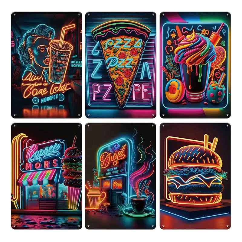 Neon Sign Design Hanging Sign, 6 Counts/set Food Themed Wall Art Poster, Wall Decoration for Kitchen Store Shop Cafe Dining Room Office Garage