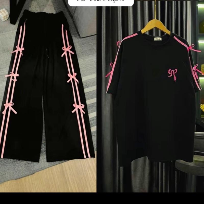 Set bộ hot trendd áo phông thêu nơ +Quần dài ống rộng dây hack dáng Nữ Top 0