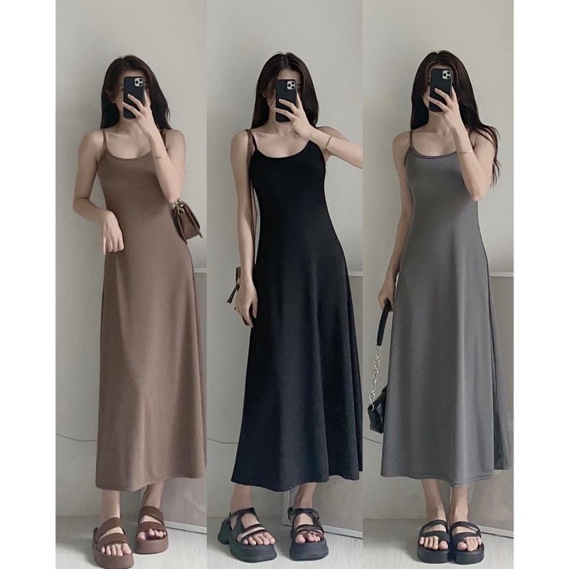 Đầm 2 dây dáng dài form suông gân tăm co dãn có dây điều chỉnh nữ tính