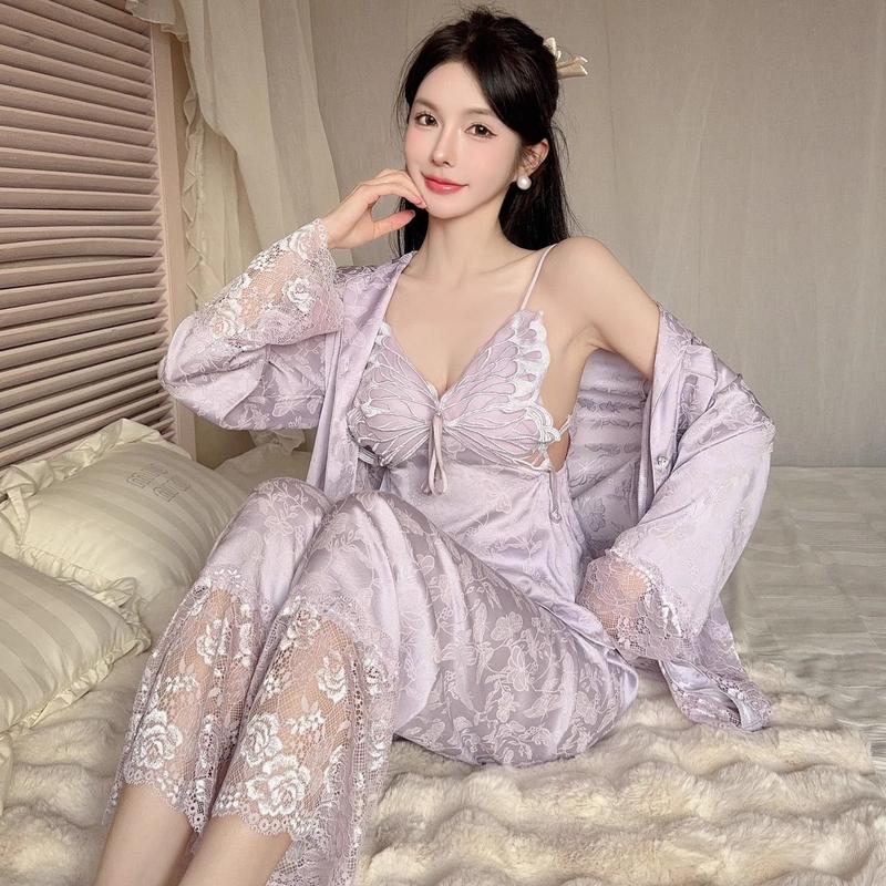 Bộ Đồ Ngủ Lụa, Phong Cách Gợi Cảm, Dành Cho Nữ, Mùa Xuân Và Mùa Thu, Quần Dài Dây Đeo Ren, Mặc Nhà Mùa Hè, Bộ Bốn Mảnh Hình Bướm Tím, Mới Cho Năm 2025 3