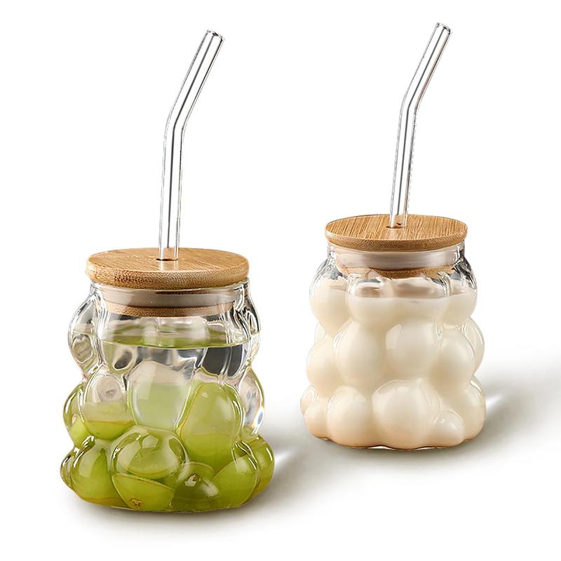Product Introduction of Creative Grape Shaped Drinking Glasses, 2 Counts Glass Cup with Bamboo Lid & Glass Straw, Reusable Drinking Cup for Home Office, Drinkware, Kitchenware 0