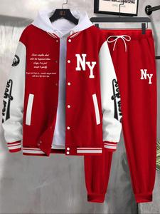 メンズ レタープリント スローガン ベースボールジャケット＆パンツ セットアップ、ゆったりカジュアル 長袖 ベースボールカラー アウター＆トラウザー、秋冬のデイリーウェアに最適なメンズツーピースセット