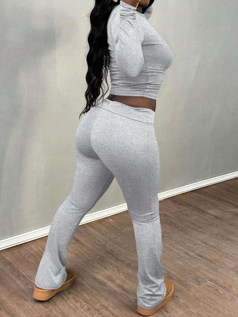 Product Introduction of Women's Solid Color Ruched Tee & Flare Leg Pants Set, Casual Long Sleeve Round Neck Top & Bell Bottom Trousers Two Piece Set for Fall & Winter, Women's Clothes for Daily Wear， Rave 2 Piece Set 13
