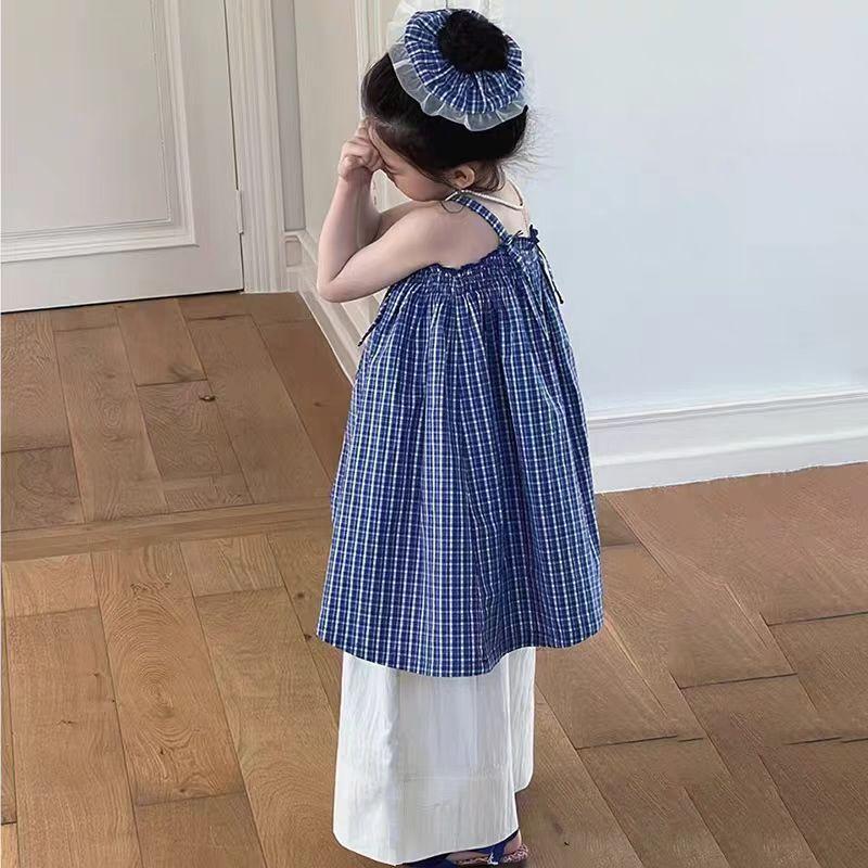 Trang Phục Mùa Hè Cho Bé Gái, Phong Cách Hàn Quốc Mới, Váy Vest Kẻ Sọc Thời Trang, Quần Ống Rộng Cho Bé Gái, Bộ Hai Mảnh, 2023, Thích Hợp Cho Trẻ Em 1