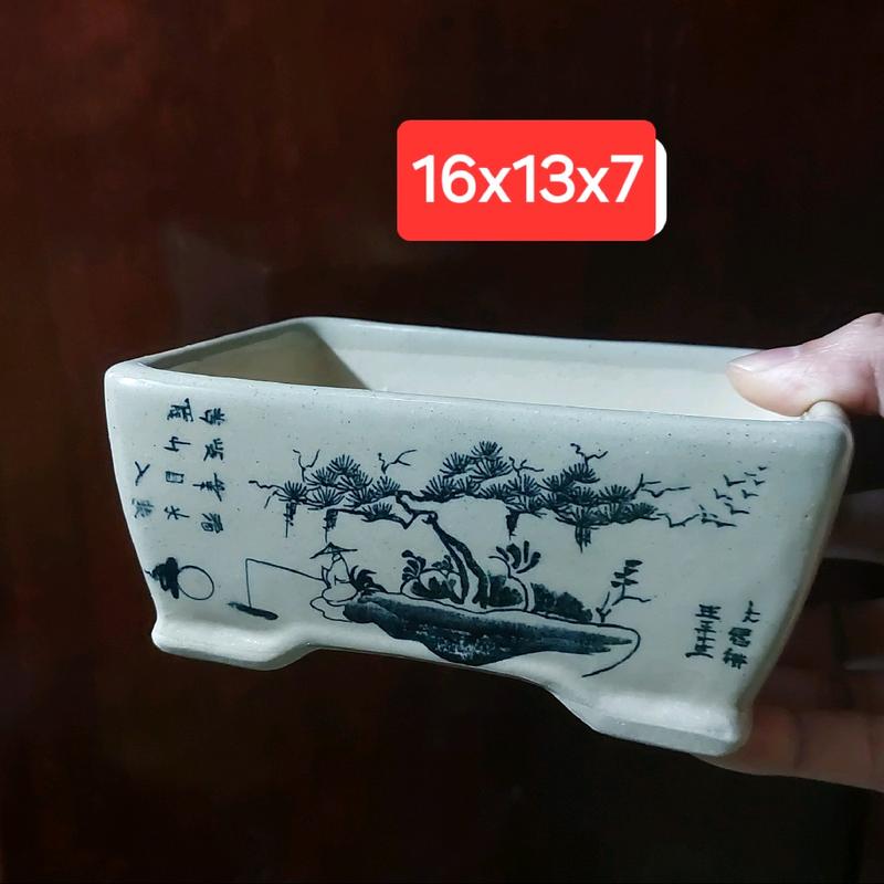 Chậu chữ nhật men đẹp trồng cây bonsai mini 16×13×7