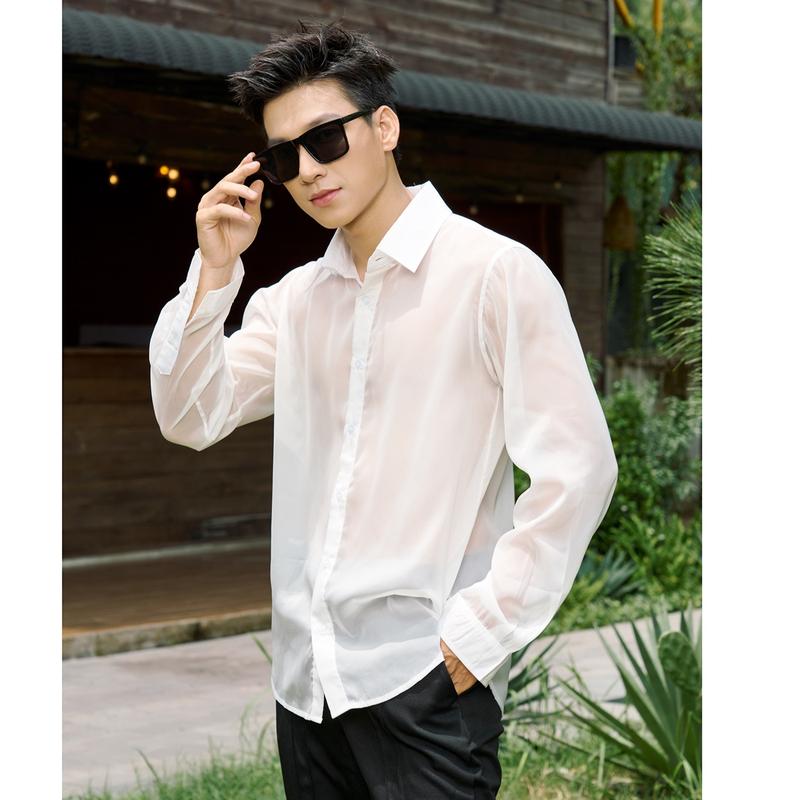 Áo Sơ Mi Nam Dài Tay Xuyên Thấu Đen/Trắng/Đỏ/Hồng Vải Tơ Ánh Kim Cao Cấp Thương Hiệu Mr Twins Menswear