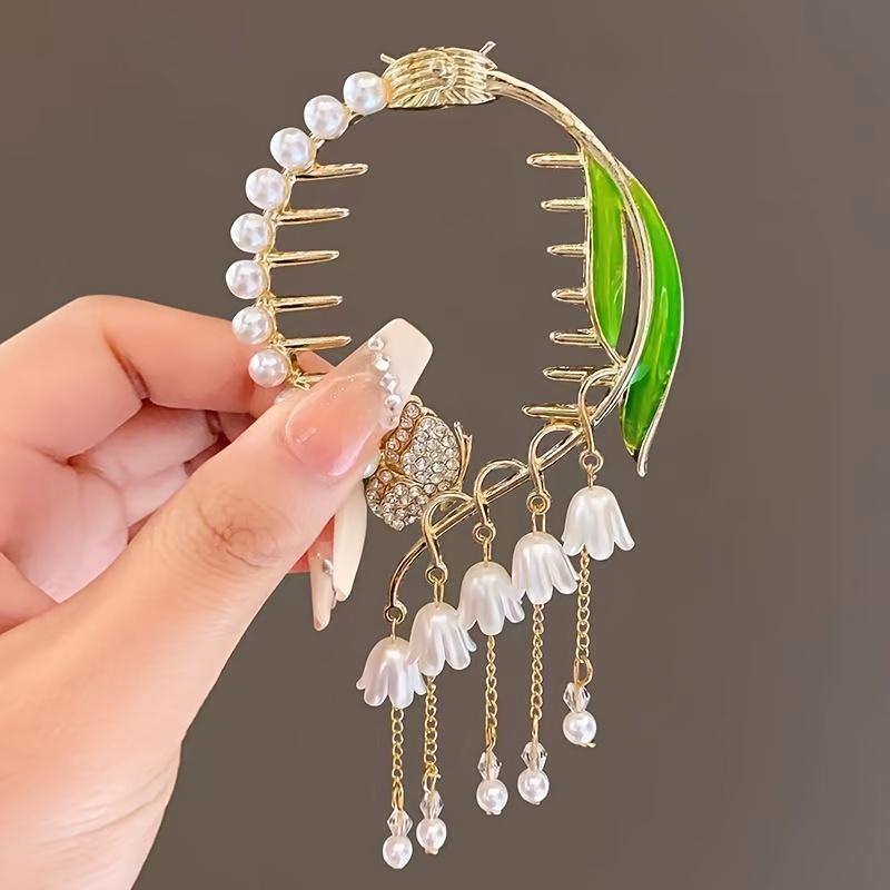 Product Introduction of Elegant Imitation Pearl Tassel Hairpin, Retro Style Women's Hair Accessories, Half High Bun Hairpin, Linglan Flower-Shaped Fixing Tool 5