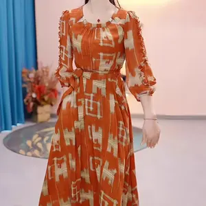 FADFAD Gaun Lengan Panjang Model Balon Motif Cetak Unik Dengan Bentul Leher U