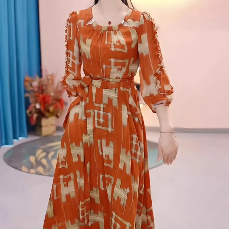 FADFAD Gaun Lengan Panjang Model Balon Motif Cetak Unik Dengan Bentul Leher U 0