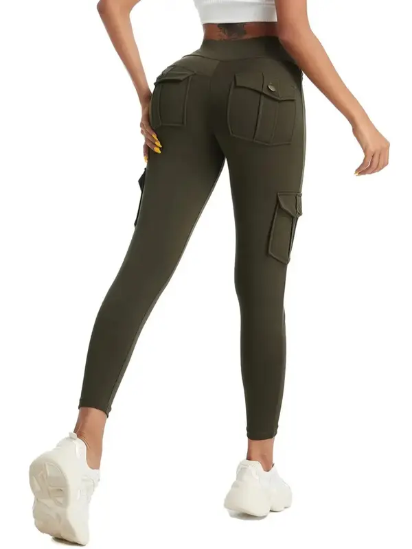 Women's Solid High Waist Pocket Sports Leggings, Sporty Casual Comfy Breathable Skinny Tummy Control Pants for Yoga Gym Workout Running, Ladies Sportswear for All Seasons, Workout Clothes, Activewear, Tight Leggings 7