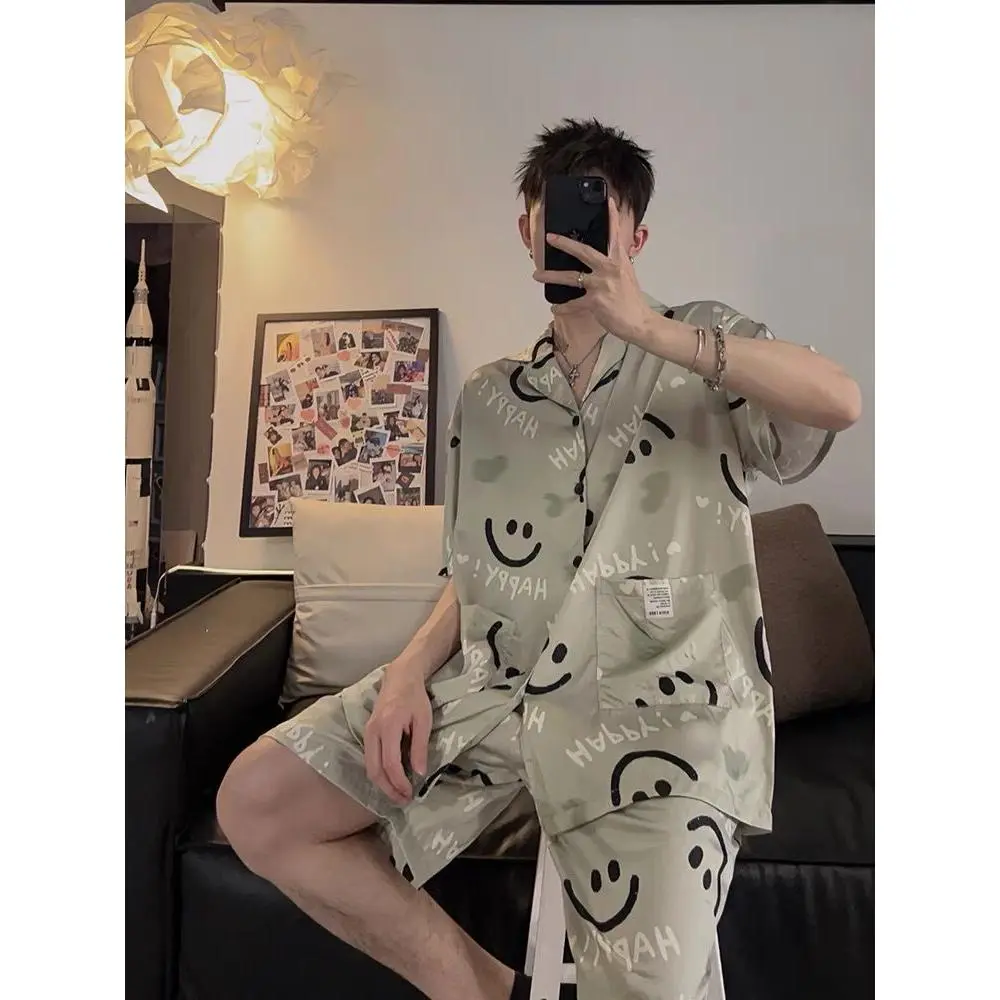 Bộ Đồ Ngủ Lụa Lạnh Trang Phục Mùa Hè Cho Nam, ngắn Tay Và Quần Đùi, Thương Hiệu Thời Trang Thanh Thiếu Niên Mới, Bộ Đồ Mặc Nhà Mỏng Cao Cấp, Dành Cho Nam Áo Nhung