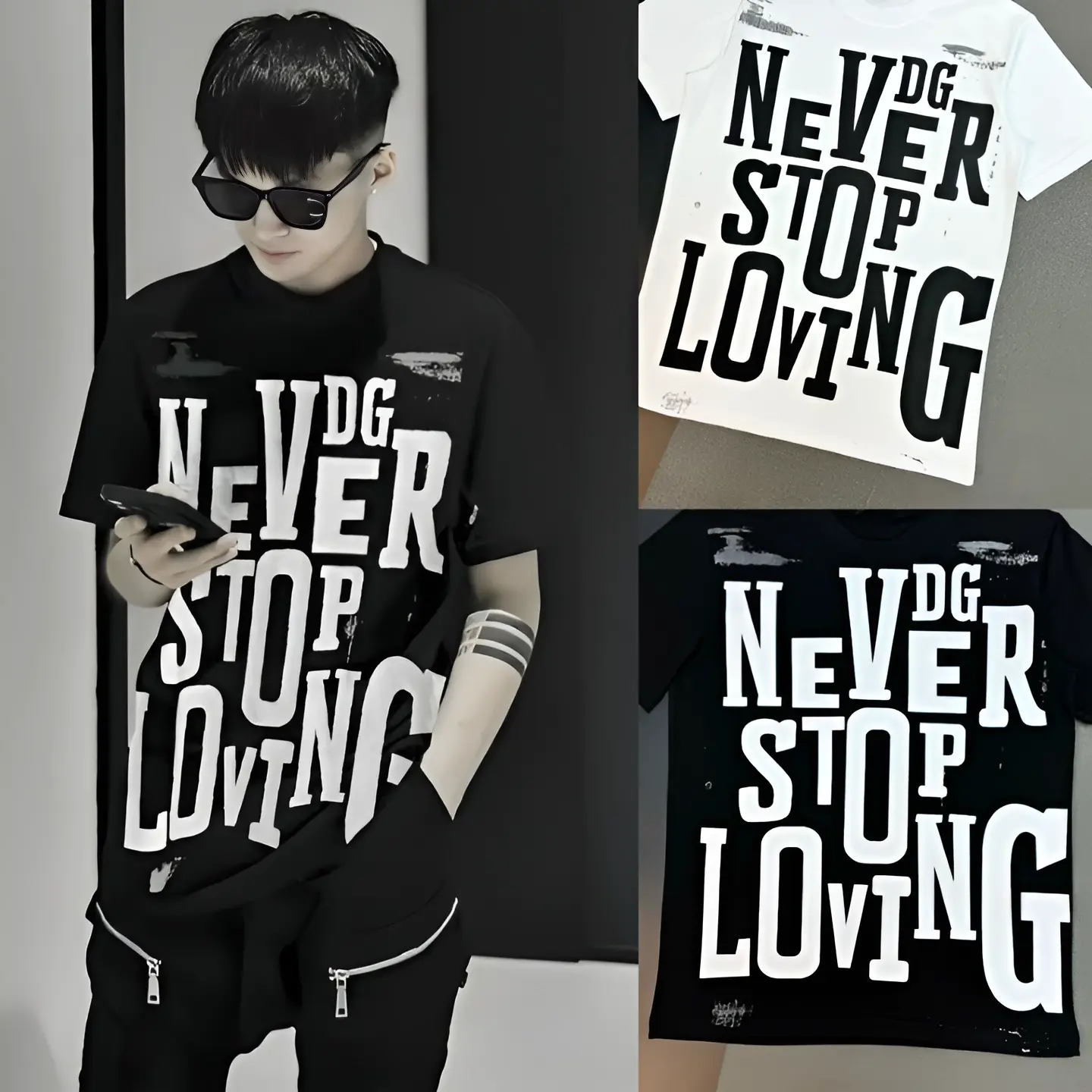 Áo Don Che In Hoạ Tiết Chữ Never Stop Loving Phối Loang Trái Tim Lưng . Áo Thun Cộc Tay Cho các Boy Phố