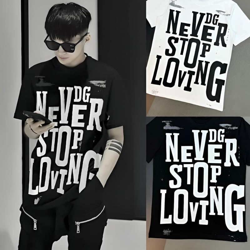  Áo Don Che In Hoạ Tiết Chữ Never Stop Loving Phối Loang Trái Tim Lưng . Áo Thun Cộc Tay Cho các Boy Phố 