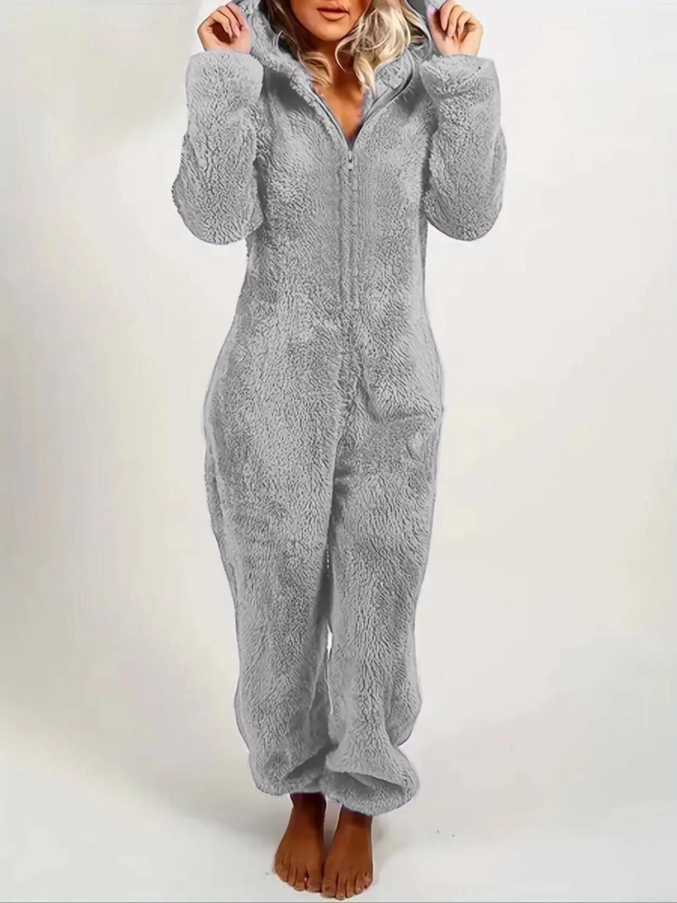 Women's Solid Zipper Hooded Plush Pajama Jumpsuit, Casual Long Sleeve Teddy Bear Ear Design Jumpsuit for Fall & Winter, Women's Sleepwear for Indoor Wear, Fluffy Pajamas