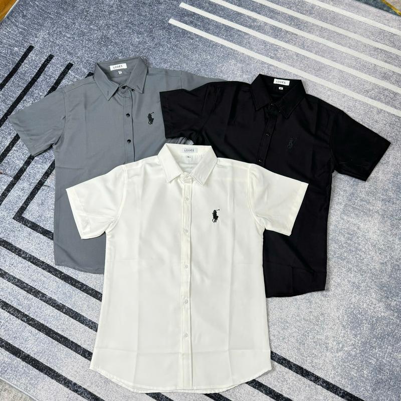 Áo sơ mi nam tay ngắn vải lụa phối LOGO ngựa thêu mẫu mới mặt thoáng mát Menswear Top Shirt