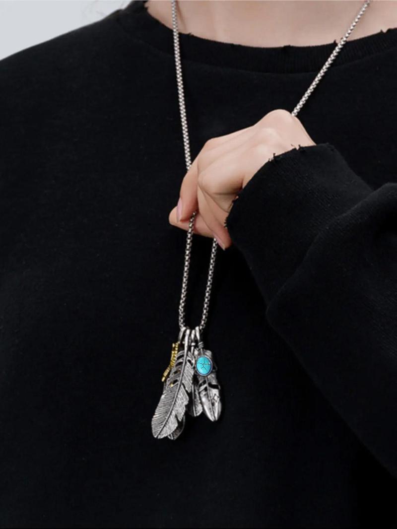 Product Introduction of Feather & Turquoise Texture Pendant Necklace for Men & Women, 2024 New Style Jewelry for Party, Daily Clothing Decor, Trendy Cool Female Accessories for Birthday Gift 2