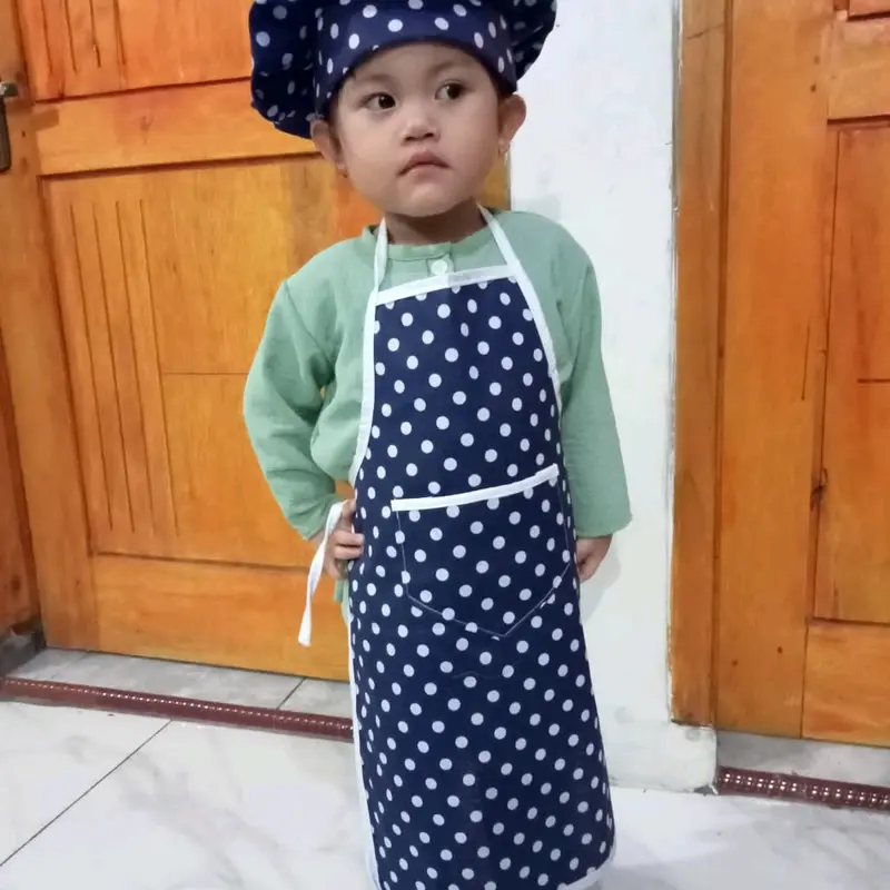 Celmek Apron Anak SD TK Polkadot Viral Plus Topi Chef Senada 1 set Celmek Dapur Anak Celemek viral dengan kantong polcadot hitam 5