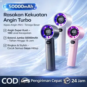 50000mAh Kipas Angin Mini Portable Turbo High Speed 24M/s Handheld Fan USB Type-C Isi Ulang 120 Tingkat Kecepatan Angin Super Kuat Adjustable Digital Display Layar LED Desain Lipat Turbin Cooling Mini Fan Genggam Kecepatan Tinggi Tahan Lama