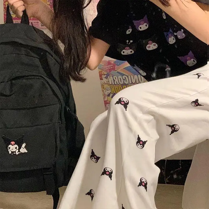 Teenage girls cute pink cartoon kitty cat printing pajama trousers female summer models new home trousers casual straight trousers