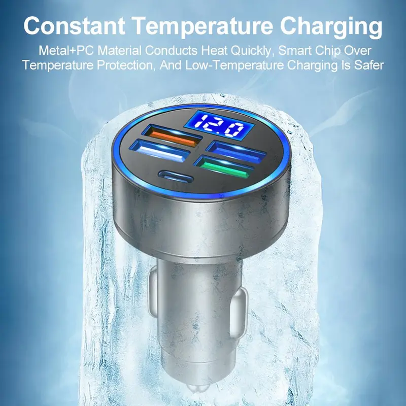 Portable 4 Port USB Car Charger, 1 Count 4 USB Ports Car Charger with LED digital display, Car Charger Adapter 5