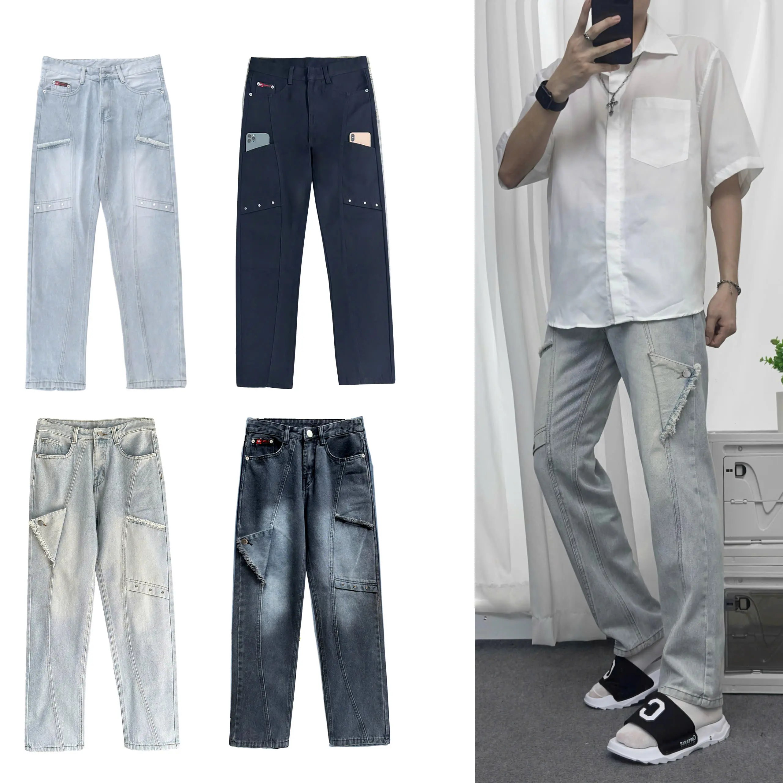 CAROLLA Quần Jean Nam Form suông, Ống đứng, ống suông, Menswear Pants Màu Xanh Có Túi