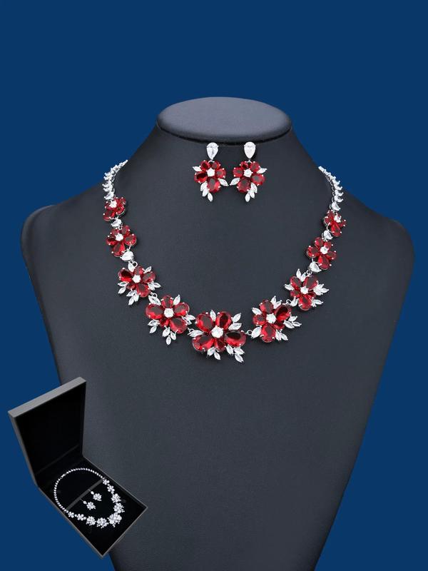 Flower Design Artificial Gemstone Jewelry Set, Elegant Necklace & Dangle Earrings for Party, Daily Decor, Trendy All-match & Exquisite Jewelry for Birthday Gift 6