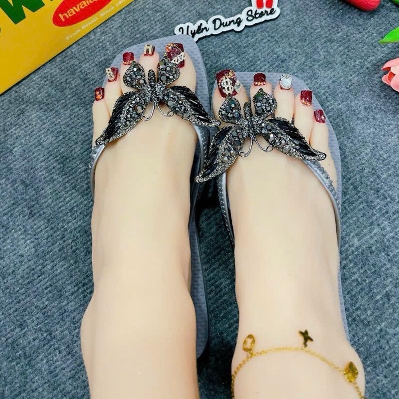 Dép Nữ Xám Vuông Slim Kèm Charm HVN 1